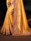 Golden Yellow Embroidered Designer Tissue Silk Saree With Contrast Blouse