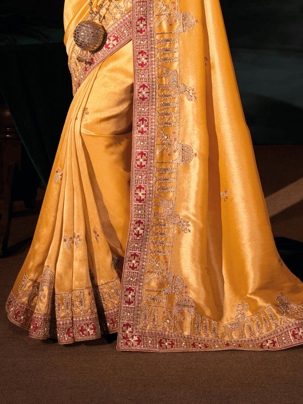 Golden Yellow Embroidered Designer Tissue Silk Saree With Contrast Blouse