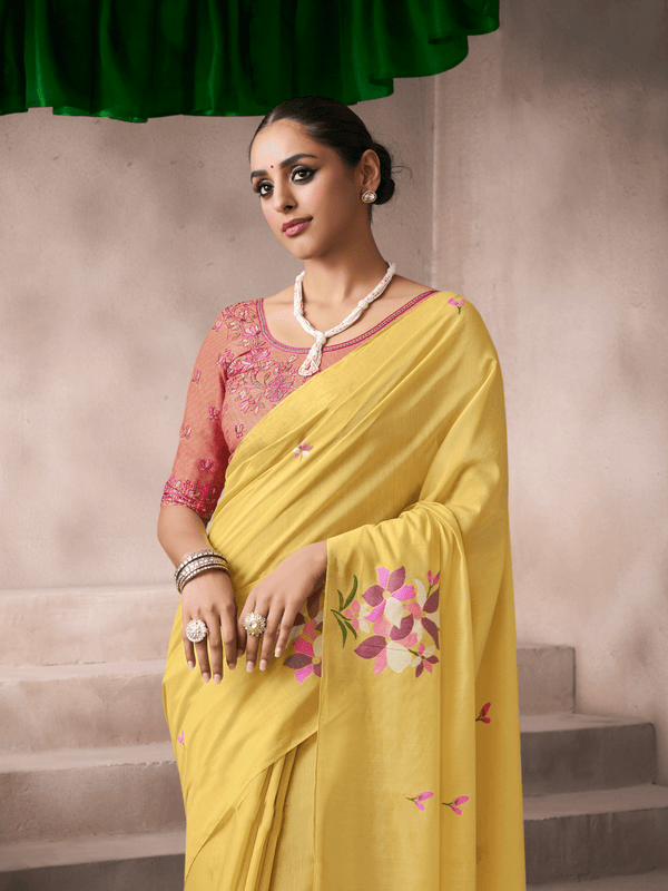 Golden Yellow Jamdani Cotton Silk Saree With Contrast Blouse