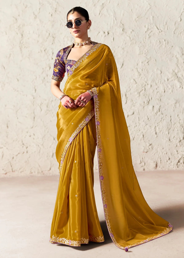 Golden Yellow Organza Saree with Purple Contrast Blouse