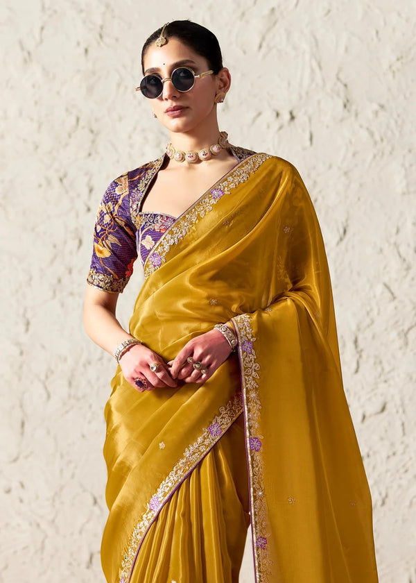 Golden Yellow Organza Saree with Purple Contrast Blouse
