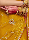 Golden Yellow Organza Silk Designer Saree with Rani Pink Contrast Blouse