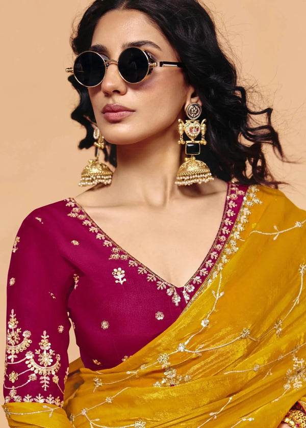 Golden Yellow Organza Silk Designer Saree with Rani Pink Contrast Blouse