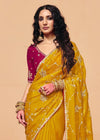 Golden Yellow Organza Silk Designer Saree with Rani Pink Contrast Blouse
