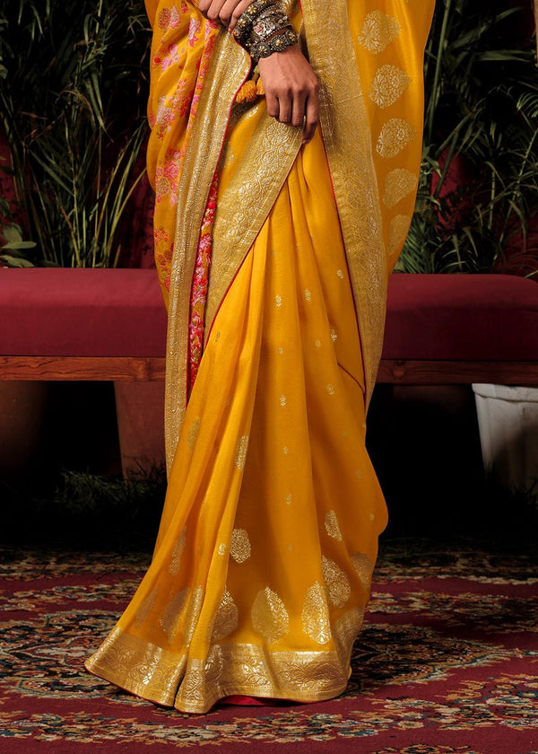 Golden Yellow Zari Woven Fancy Dola Silk Designer Saree