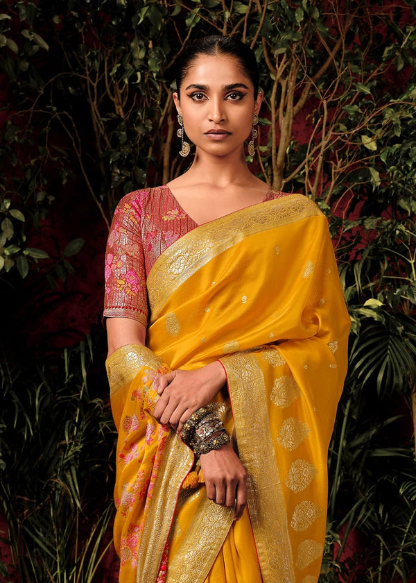 Golden Yellow Zari Woven Fancy Dola Silk Designer Saree
