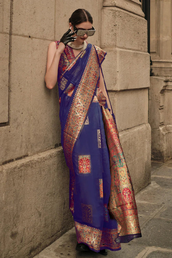 Grape Blue Kashmiri Jamawar Handloom Silk Saree