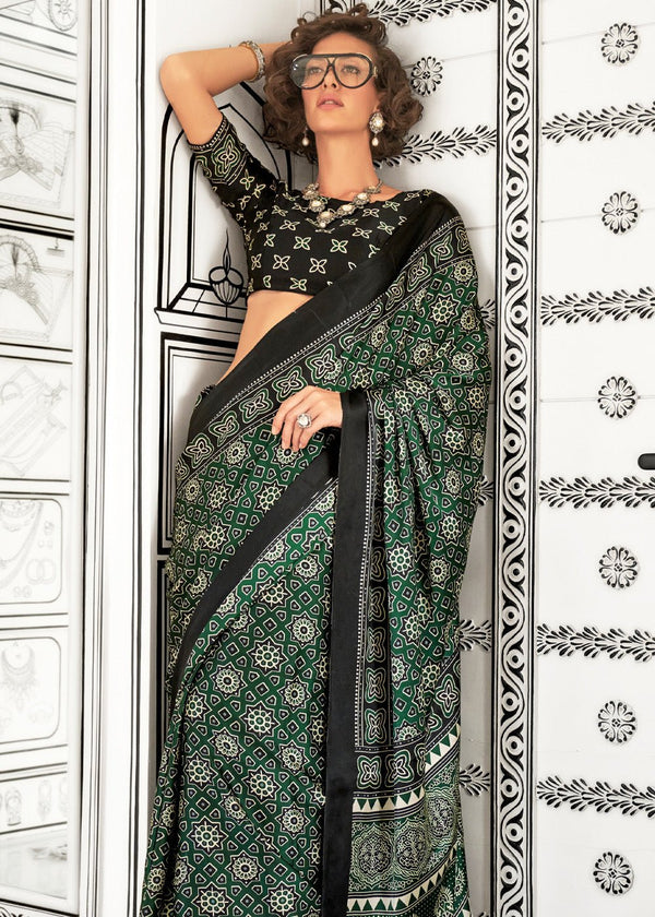 Green Ajrakh Satin Crepe Saree