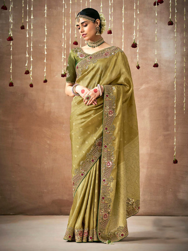 Green Bridal Zari Woven Pure Tissue Dola Silk Saree