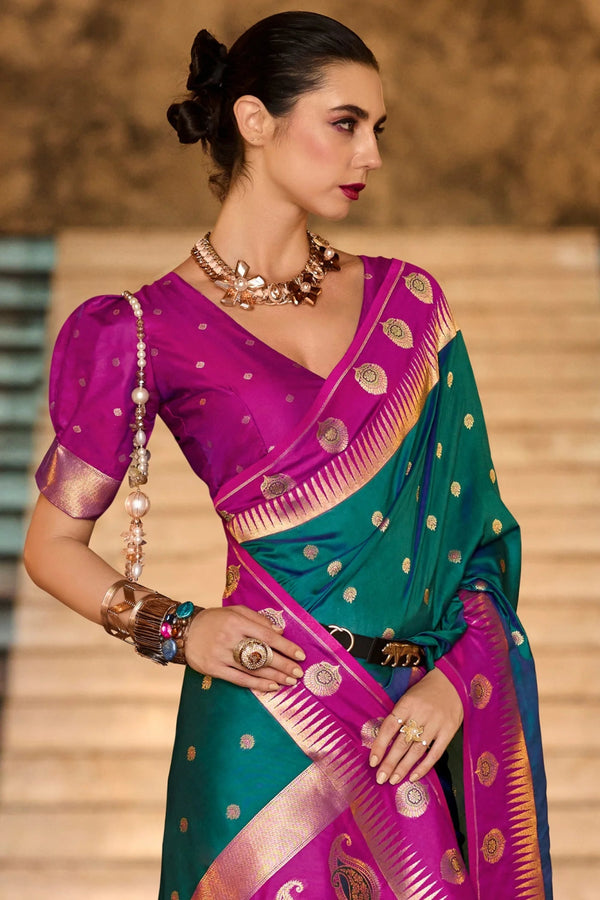 Green Kanjivaram Saree With Contrast Blouse