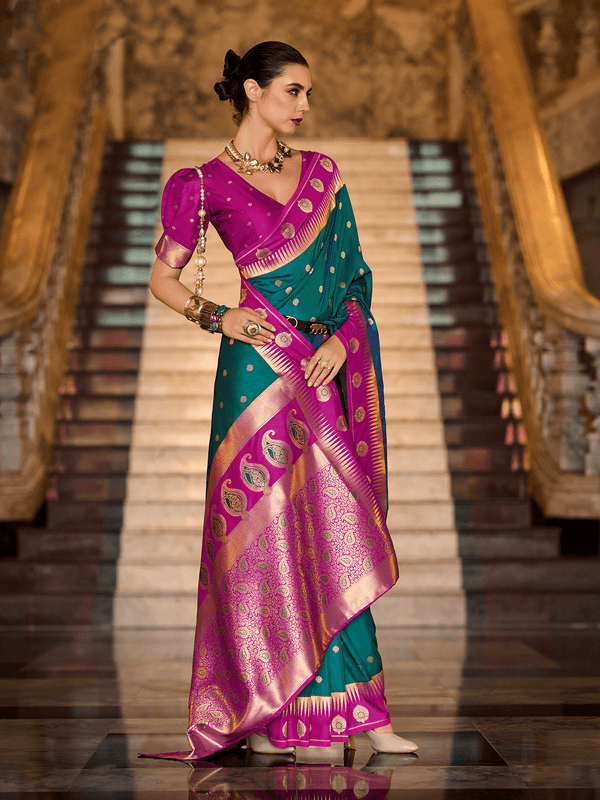 Green Kanjivaram Saree With Contrast Blouse
