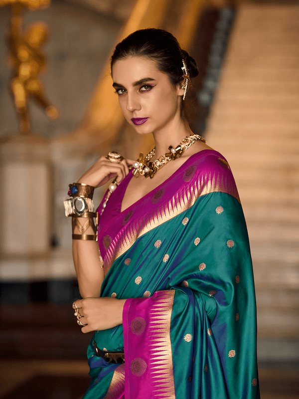 Green Kanjivaram Saree With Contrast Blouse