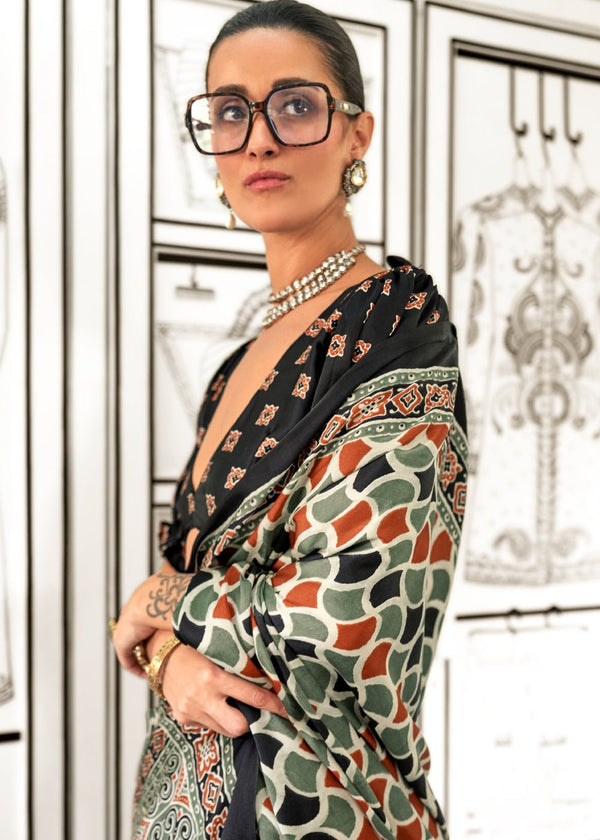 Grey And Black Ajrakh Satin Crepe Saree