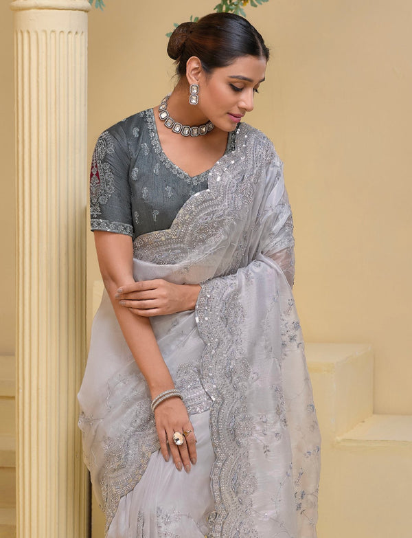 Grey Banarasi Soft Shine Silk Saree With Grand Embroidery