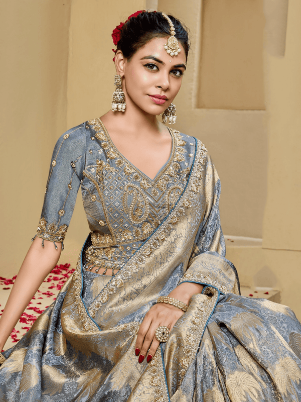 Grey Blue Banarasi Tissue Silk Saree