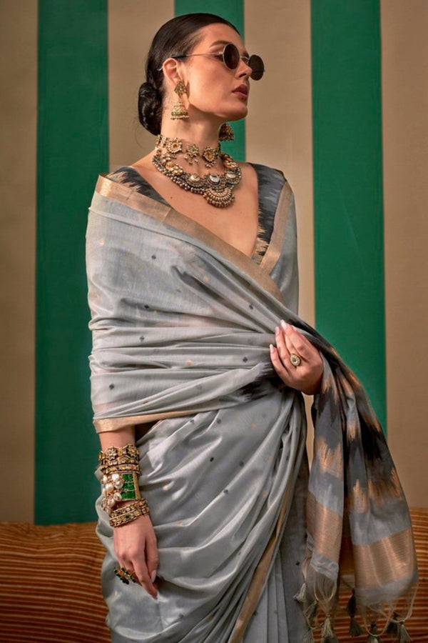 Grey Handloom Linen Saree