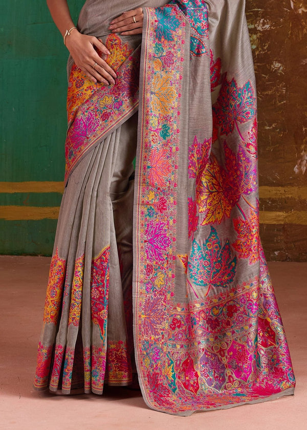 Grey Kashmiri Kani Jamawar Cotton Saree