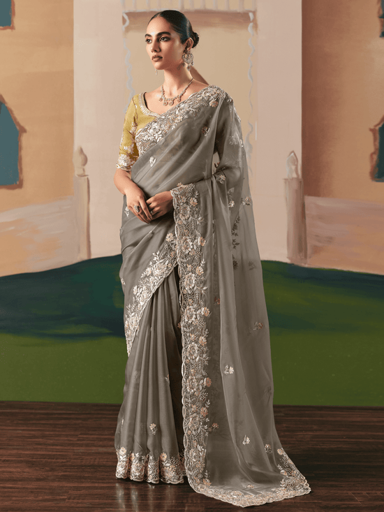 Grey Organza Silk Saree
