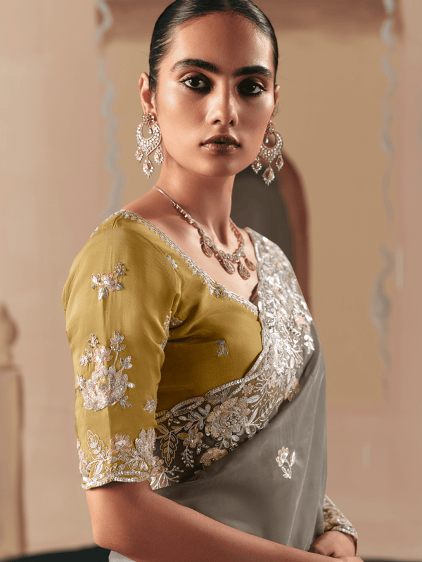 Grey Organza Silk Saree