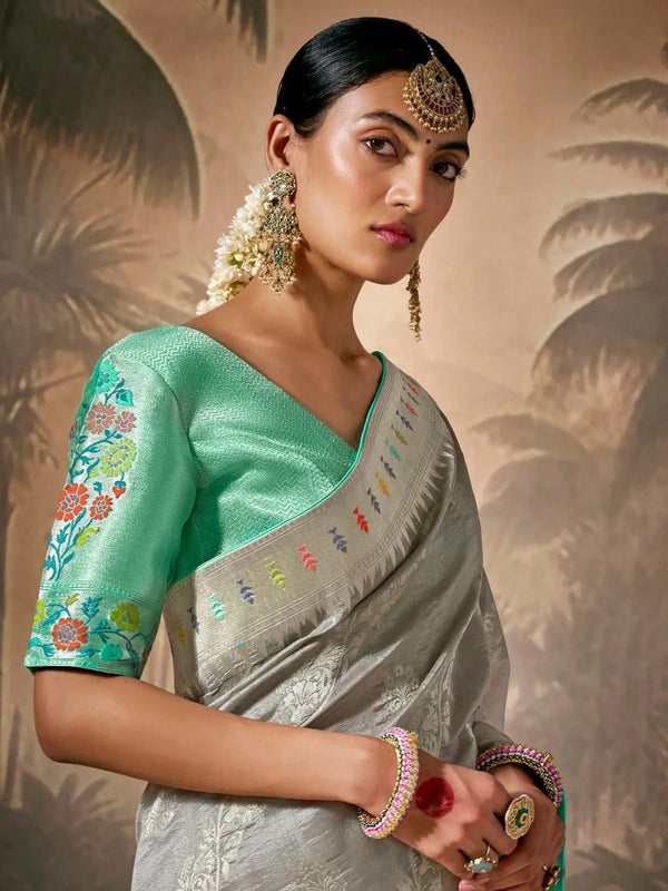 Grey Zari Woven Paithani Banarasi Silk Saree
