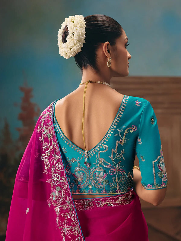 Hot Pink Georgette Silk Saree with Teal Contrast Blouse