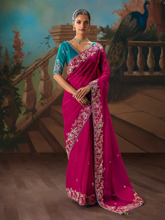 Hot Pink Georgette Silk Saree with Teal Contrast Blouse