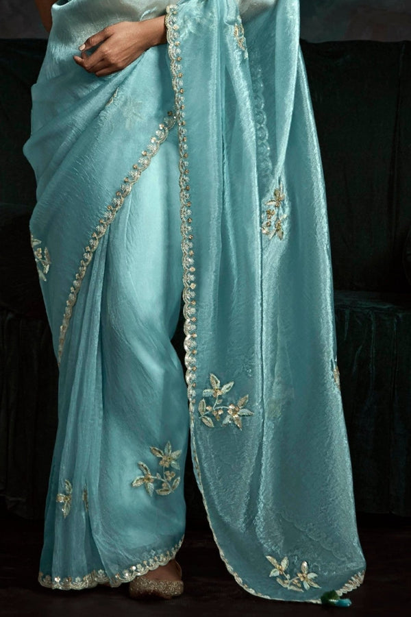 Ice Blue Designer Organza Saree with Embroidery Border
