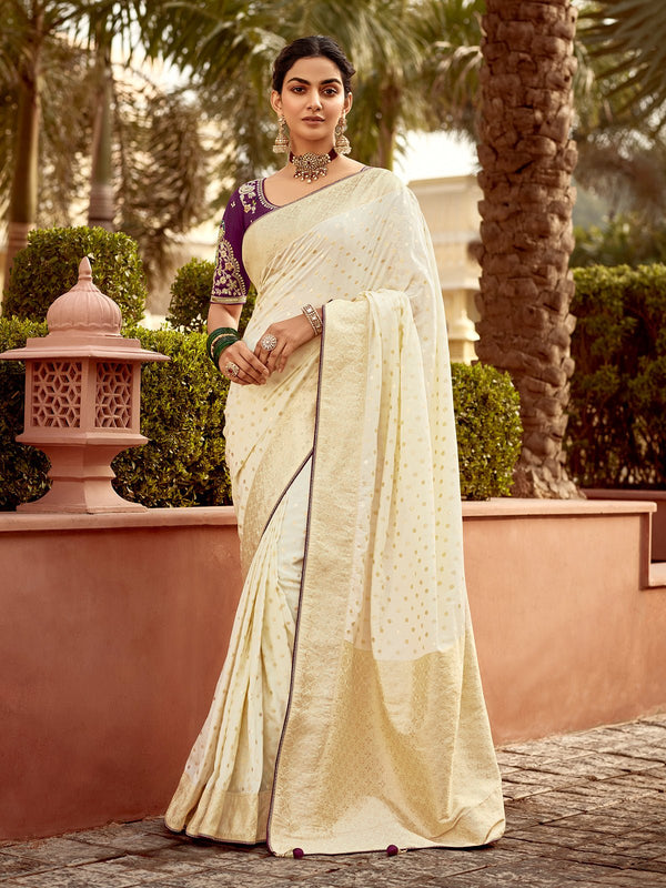 Ivory Banarasi Silk Saree With Contrast Blouse