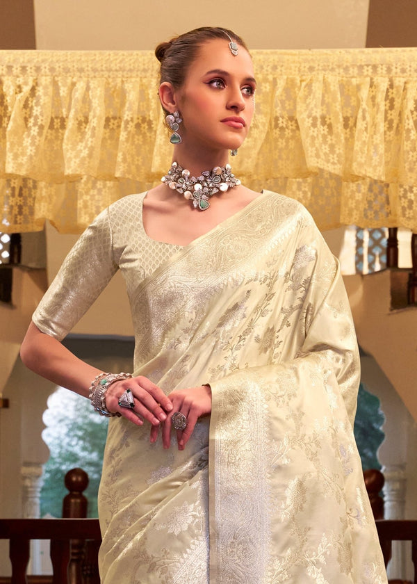 Ivory Cream Banarasi Satin Silk Saree