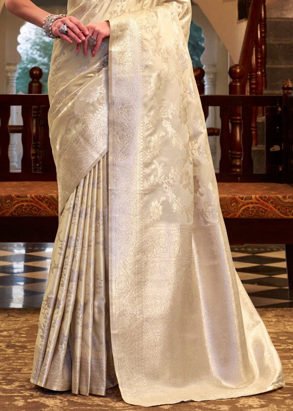 Ivory Cream Banarasi Satin Silk Saree