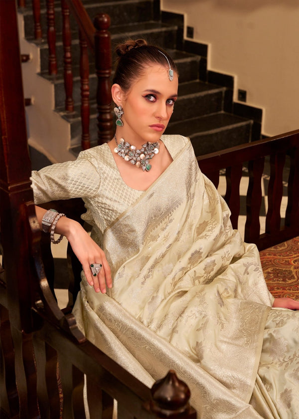 Ivory Cream Banarasi Satin Silk Saree