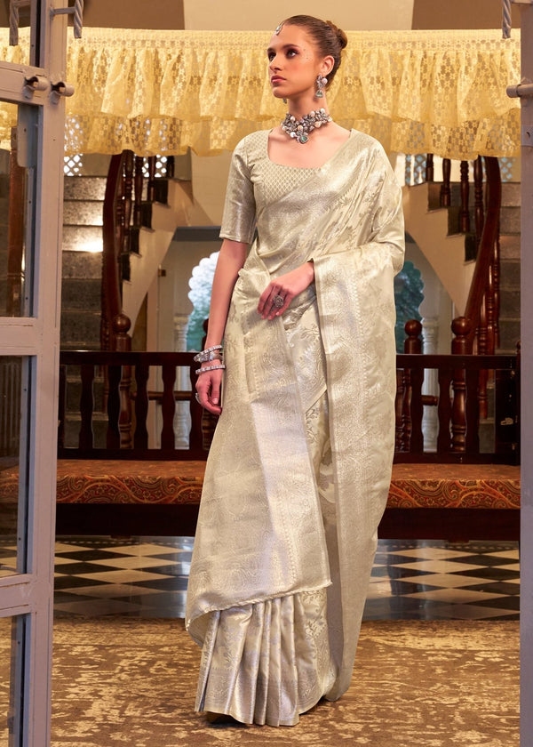 Ivory Cream Banarasi Satin Silk Saree