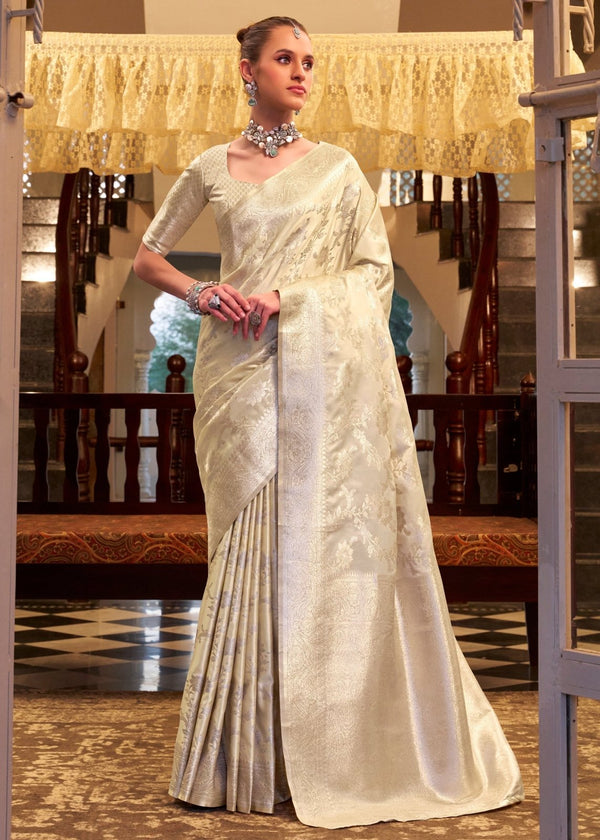 Ivory Cream Banarasi Satin Silk Saree