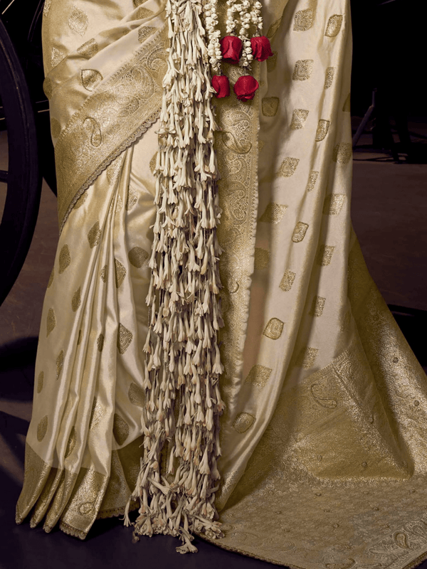 Ivory Cream Banarasi Satin Silk Saree With Contrast Blouse