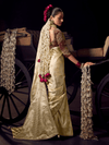 Ivory Cream Banarasi Satin Silk Saree With Contrast Blouse