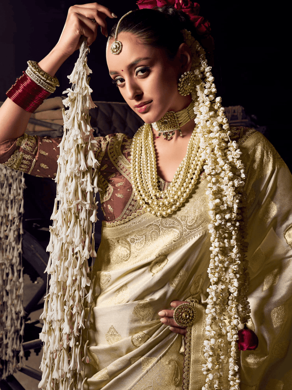 Ivory Cream Banarasi Satin Silk Saree With Contrast Blouse