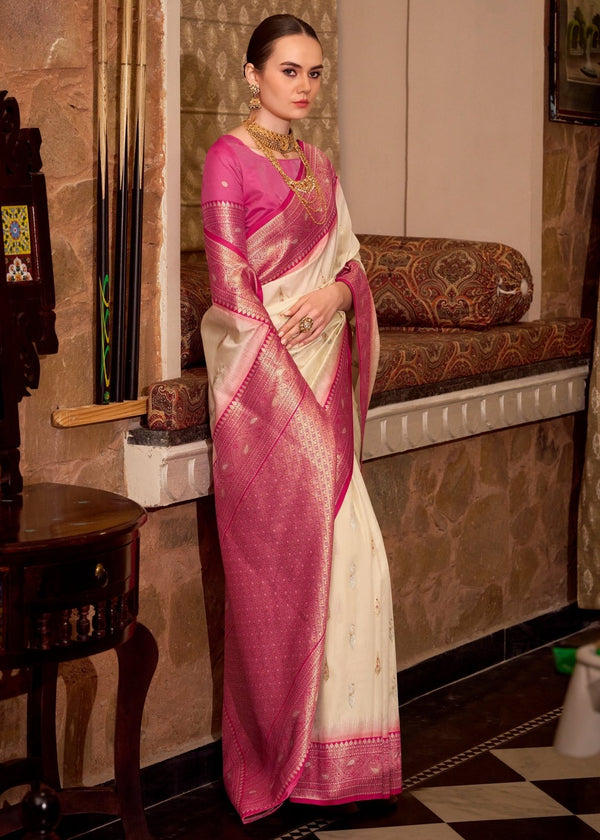 Ivory Cream Banarasi Silk Saree