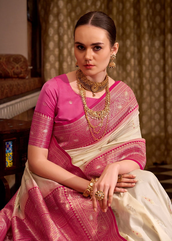 Ivory Cream Banarasi Silk Saree