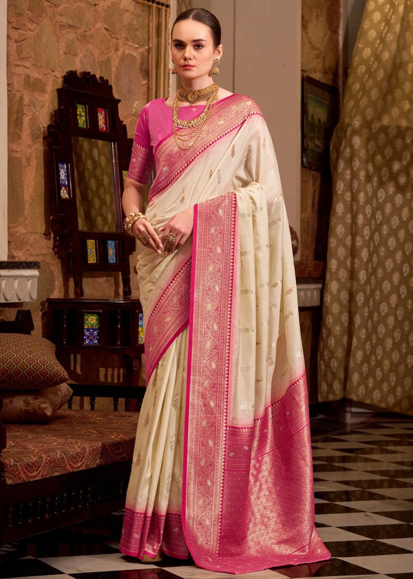 Ivory Cream Banarasi Silk Saree
