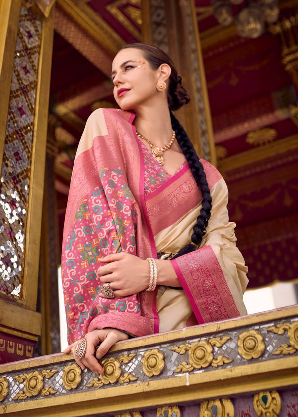 Ivory Cream Banarasi Silk Saree
