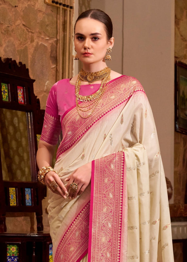 Ivory Cream Banarasi Silk Saree