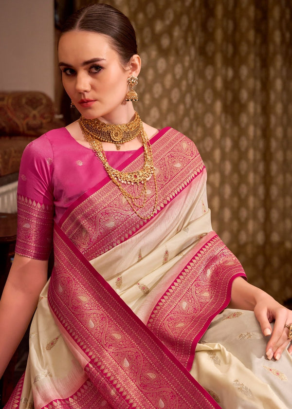 Ivory Cream Banarasi Silk Saree