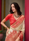 Ivory Cream Banarasi Silk Saree With Contrast Blouse