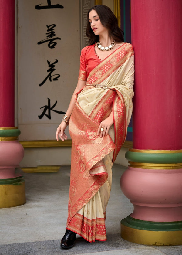 Ivory Cream Banarasi Silk Saree With Contrast Blouse