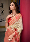 Ivory Cream Banarasi Silk Saree With Contrast Blouse