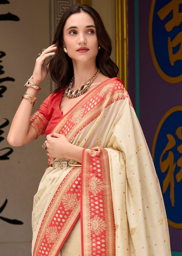 Ivory Cream Banarasi Silk Saree With Contrast Blouse