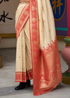 Ivory Cream Banarasi Silk Saree With Contrast Blouse