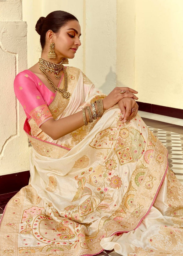 Ivory Cream Banarasi Silk Saree With Contrast Blouse
