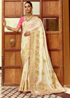 Ivory Cream Banarasi Silk Saree With Contrast Blouse