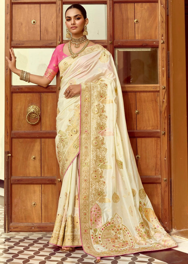 Ivory Cream Banarasi Silk Saree With Contrast Blouse